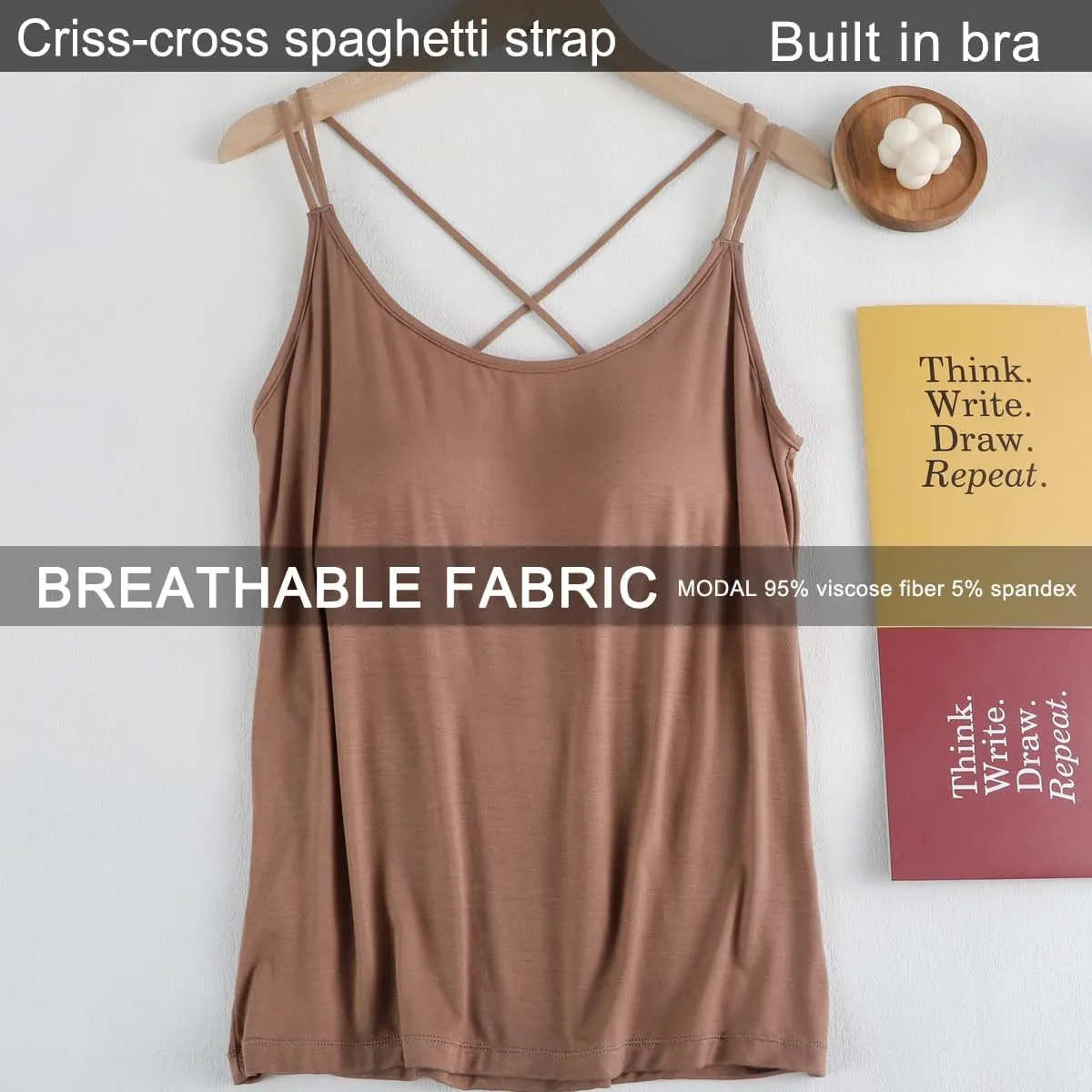 Lingerie Camisole with Built in Bra for Women Criss Cross Spaghetti Strap Tank Top with Bra Soft Modal Cotton Camis