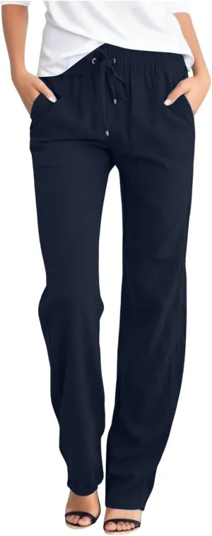 Lmdudan 2025 Women's Cotton Linen Pants Summer High Waisted Palazzo Pants Wide Leg Drawstring Elastic Waist Loose Trousers