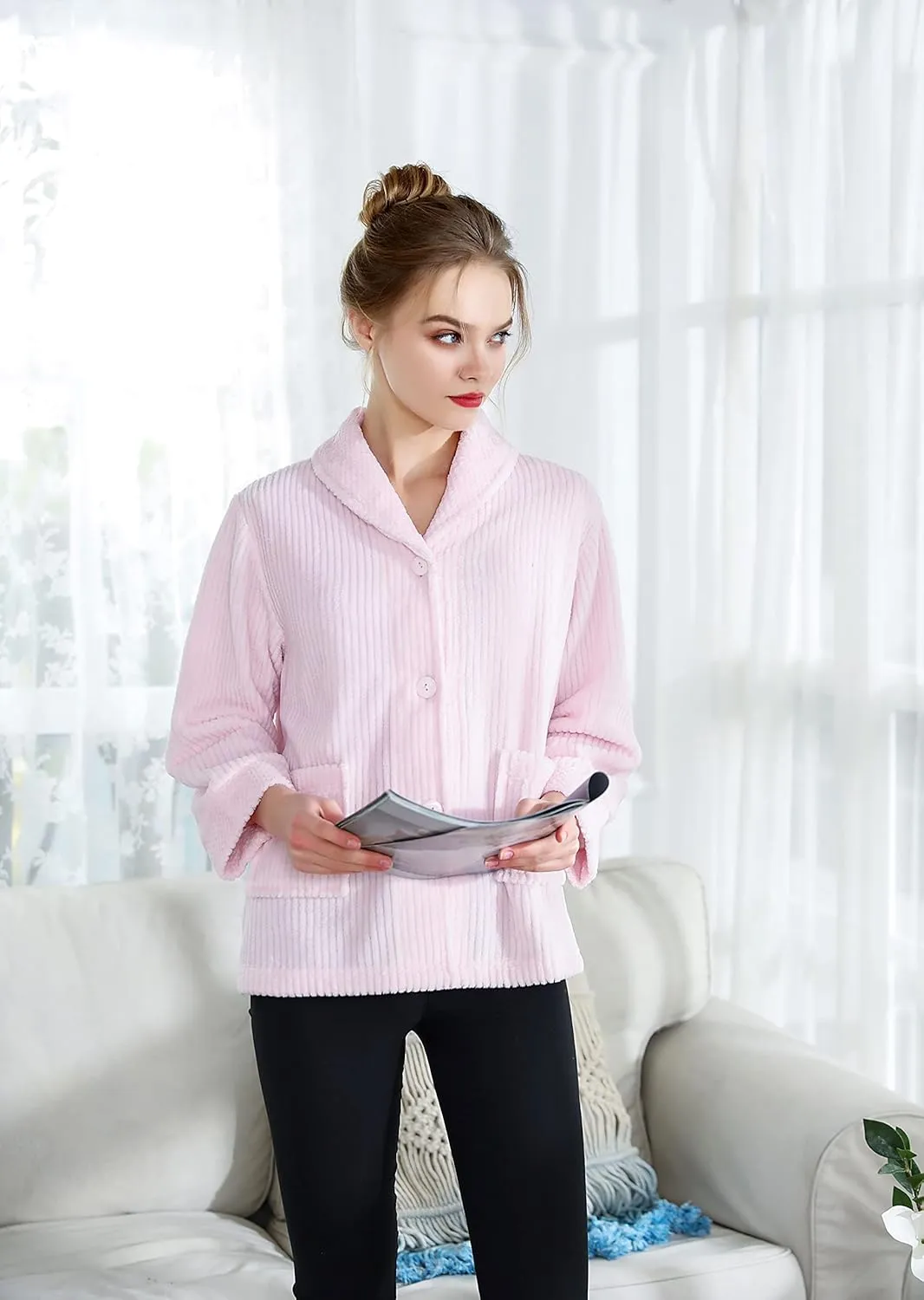 Loungees Women's Light Purple Drop Needle Coral Fleece Shawl Collar Button FrontBed Jacket