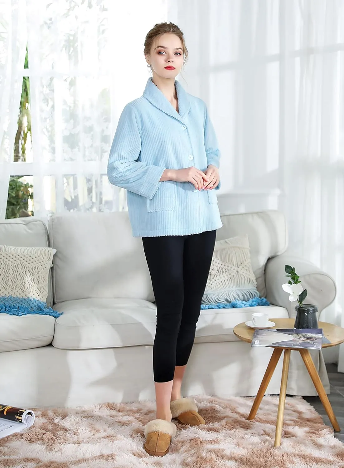 Loungees Women's Light Purple Drop Needle Coral Fleece Shawl Collar Button FrontBed Jacket