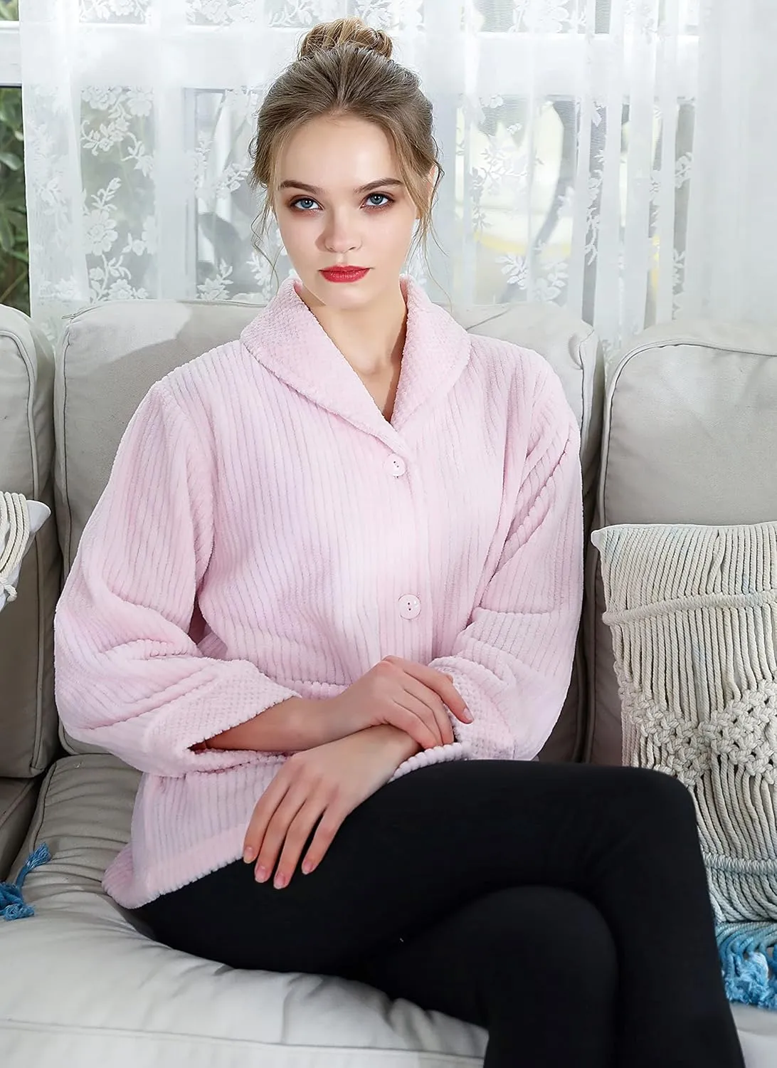 Loungees Women's Light Purple Drop Needle Coral Fleece Shawl Collar Button FrontBed Jacket