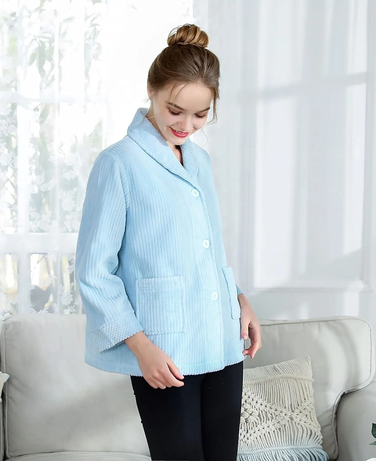 Loungees Women's Light Purple Drop Needle Coral Fleece Shawl Collar Button FrontBed Jacket