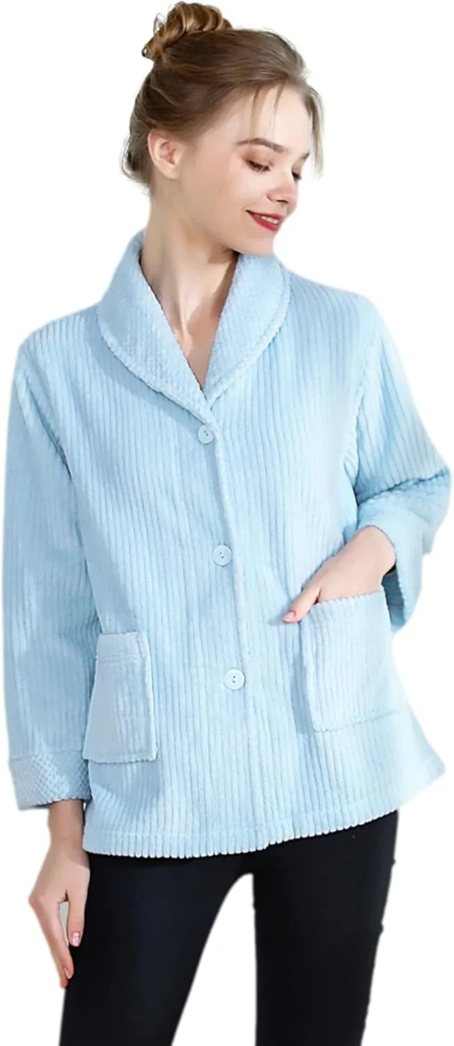Loungees Women's Light Purple Drop Needle Coral Fleece Shawl Collar Button FrontBed Jacket