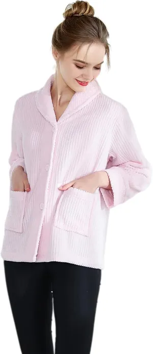 Loungees Women's Light Purple Drop Needle Coral Fleece Shawl Collar Button FrontBed Jacket