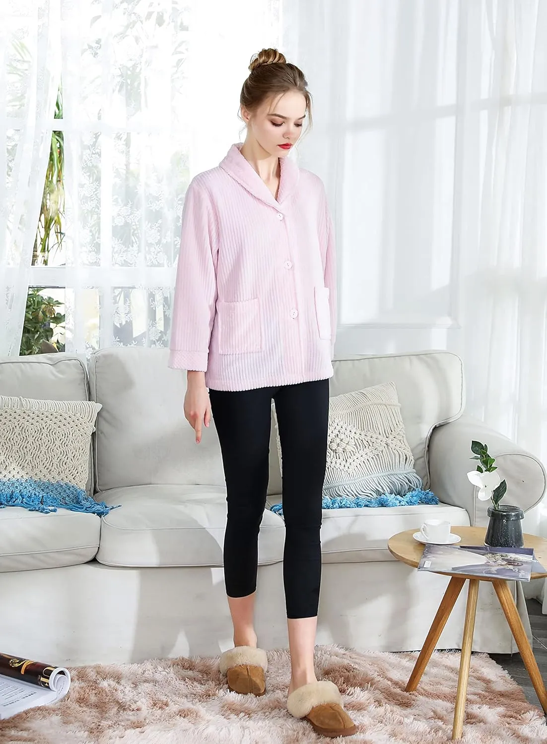 Loungees Women's Light Purple Drop Needle Coral Fleece Shawl Collar Button FrontBed Jacket