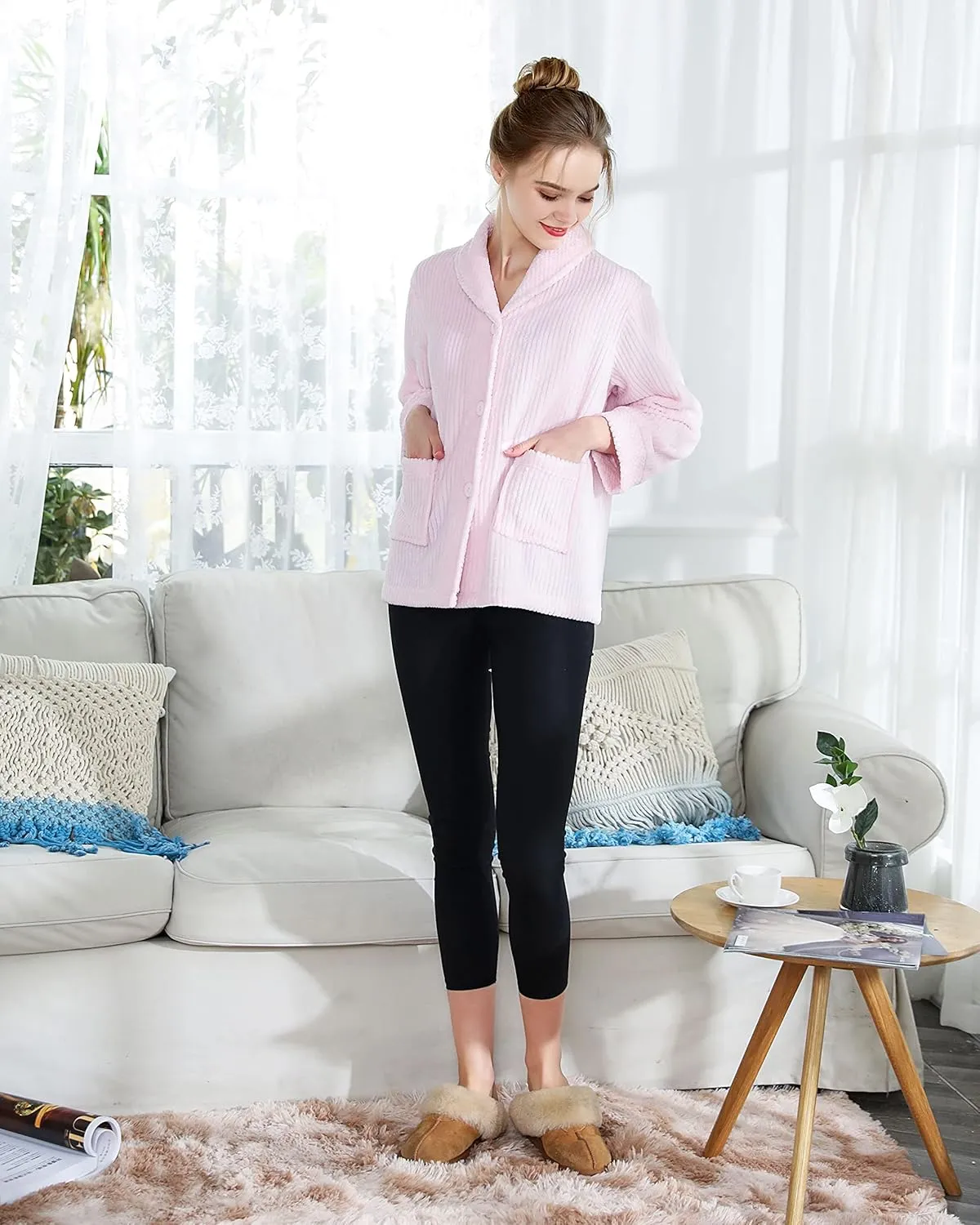 Loungees Women's Light Purple Drop Needle Coral Fleece Shawl Collar Button FrontBed Jacket