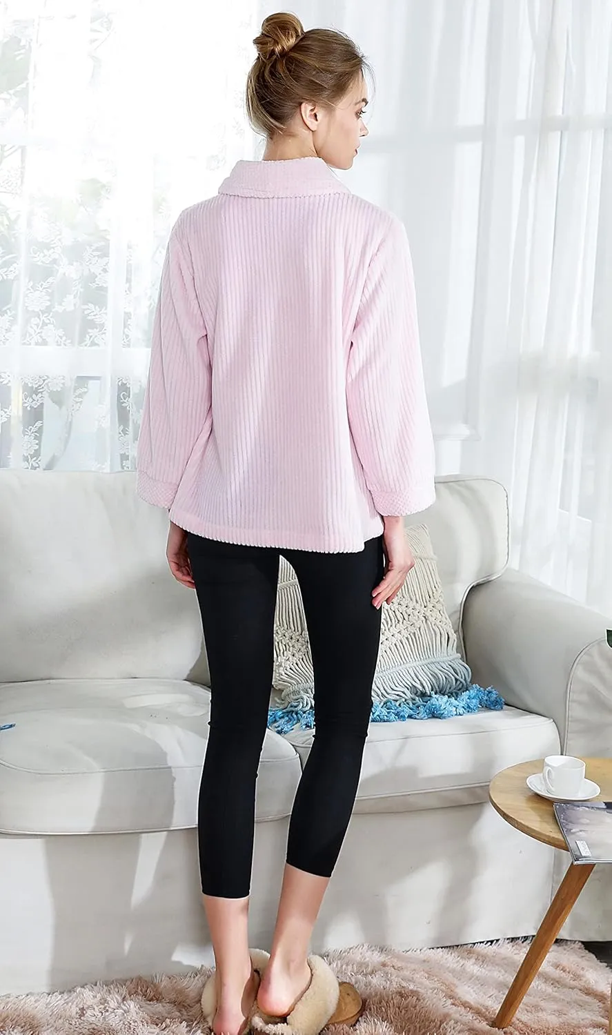 Loungees Women's Light Purple Drop Needle Coral Fleece Shawl Collar Button FrontBed Jacket