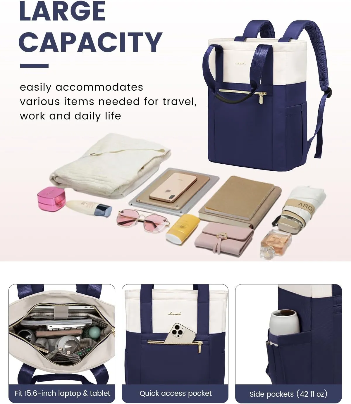 LOVEVOOK Laptop Backpack for Women, 15.6 Laptop Bag for Women Tote Bag Convertible, Lightweight Travel Backpack for College, Wide Open Work Backpack for Nurse Teacher Water-resistant Blue