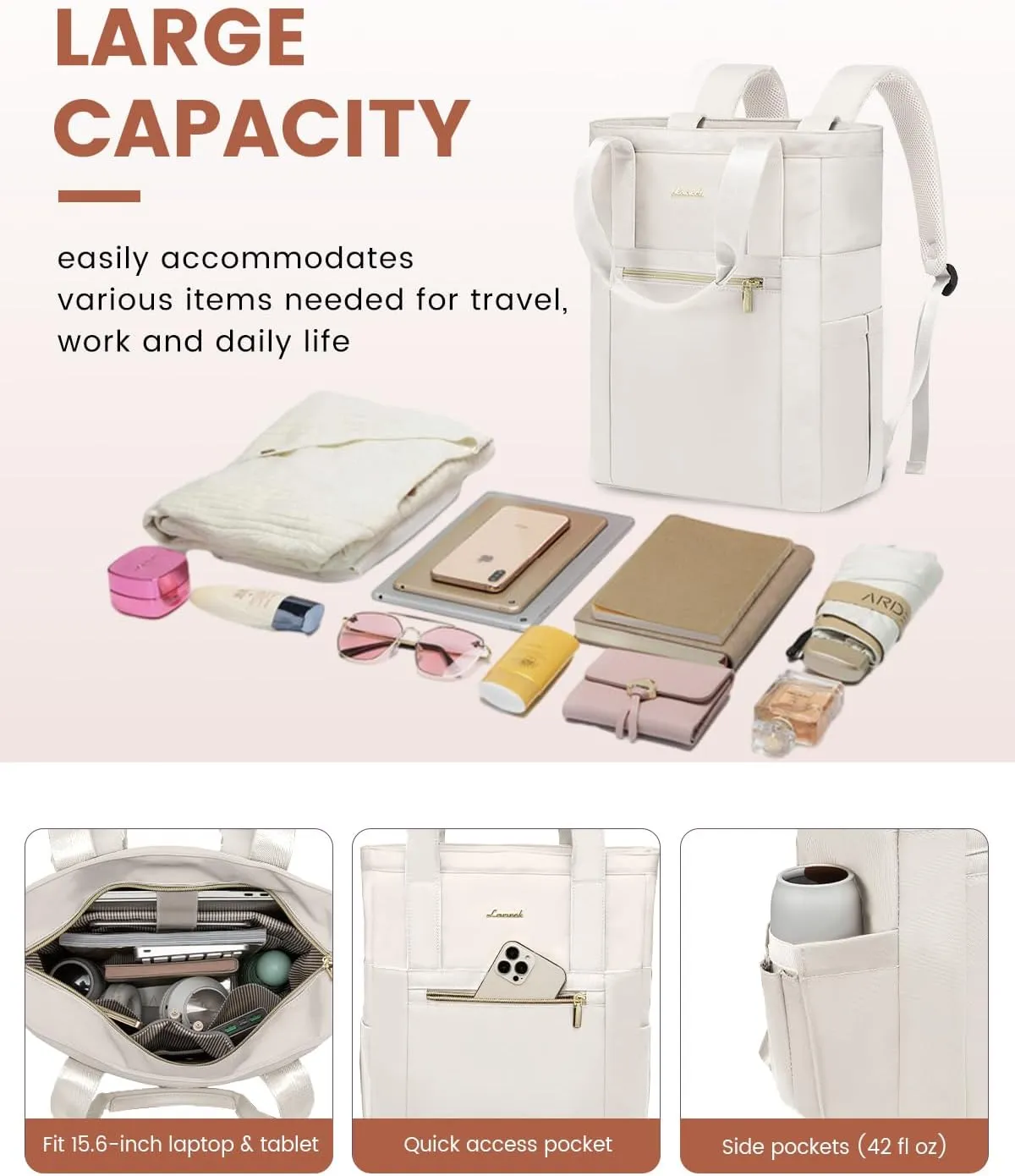 LOVEVOOK Laptop Backpack for Women, 15.6 Laptop Bag for Women Tote Bag Convertible, Lightweight Travel Backpack for College, Wide Open Work Backpack for Nurse Teacher Water-resistant White