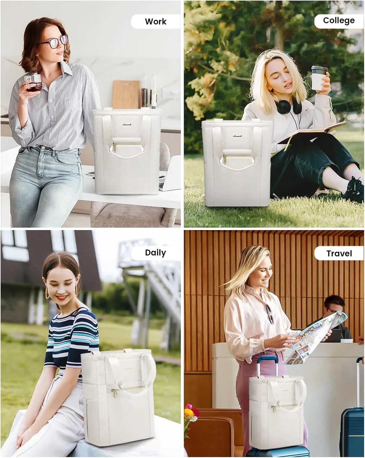 LOVEVOOK Laptop Backpack for Women, 15.6 Laptop Bag for Women Tote Bag Convertible, Lightweight Travel Backpack for College, Wide Open Work Backpack for Nurse Teacher Water-resistant White