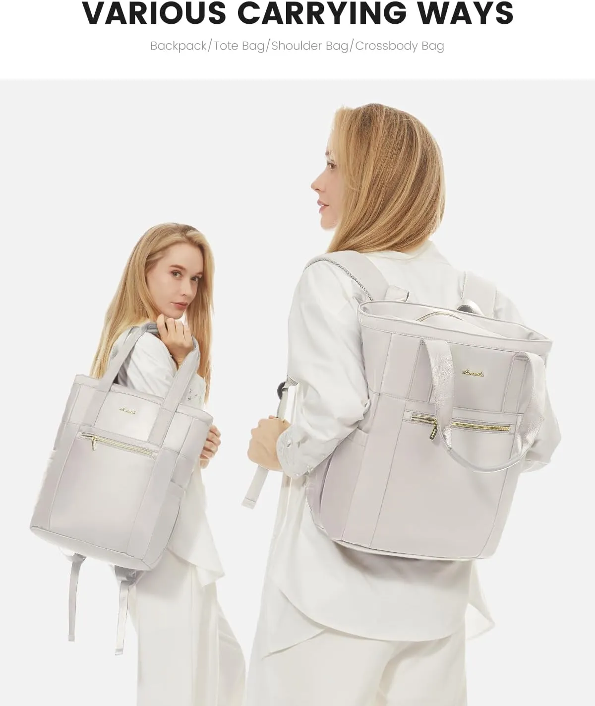 LOVEVOOK Laptop Backpack for Women, 15.6 Laptop Bag for Women Tote Bag Convertible, Lightweight Travel Backpack for College, Wide Open Work Backpack for Nurse Teacher Water-resistant White