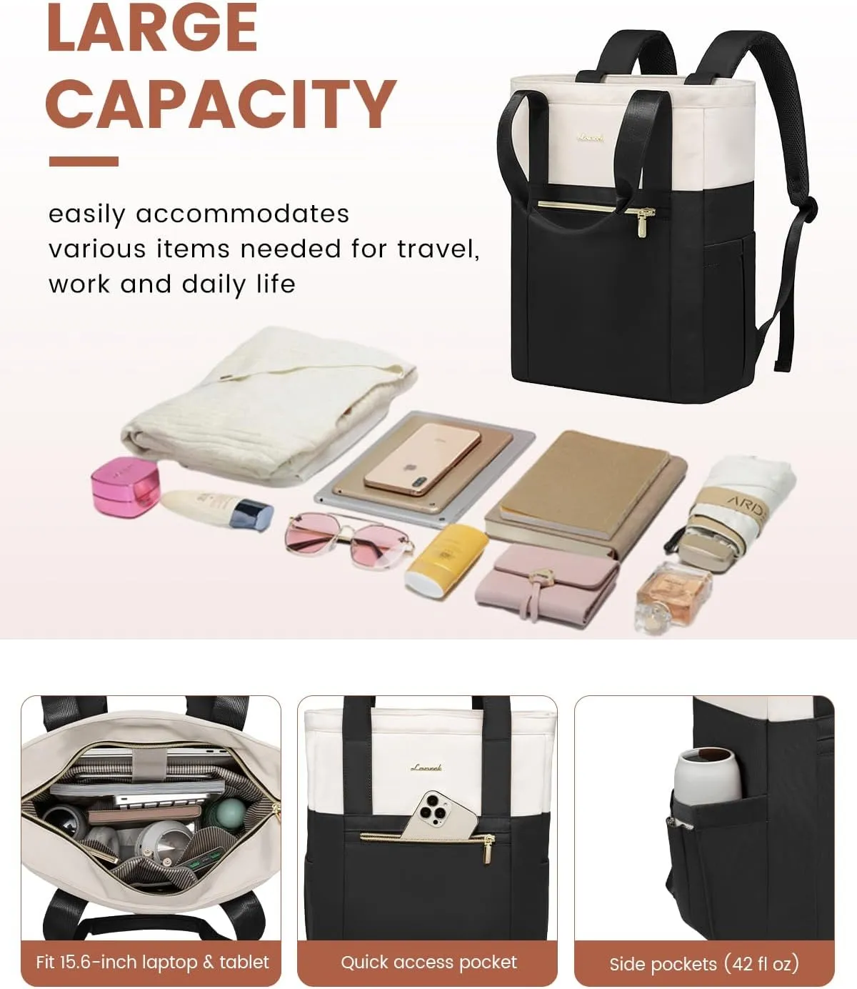 LOVEVOOK Laptop Backpack for Women, 17.3 Laptop Bag for Women Tote Bag Convertible, Lightweight Travel Backpack for College, Wide Open Work Backpack for Nurse Teacher Water-resistant Black