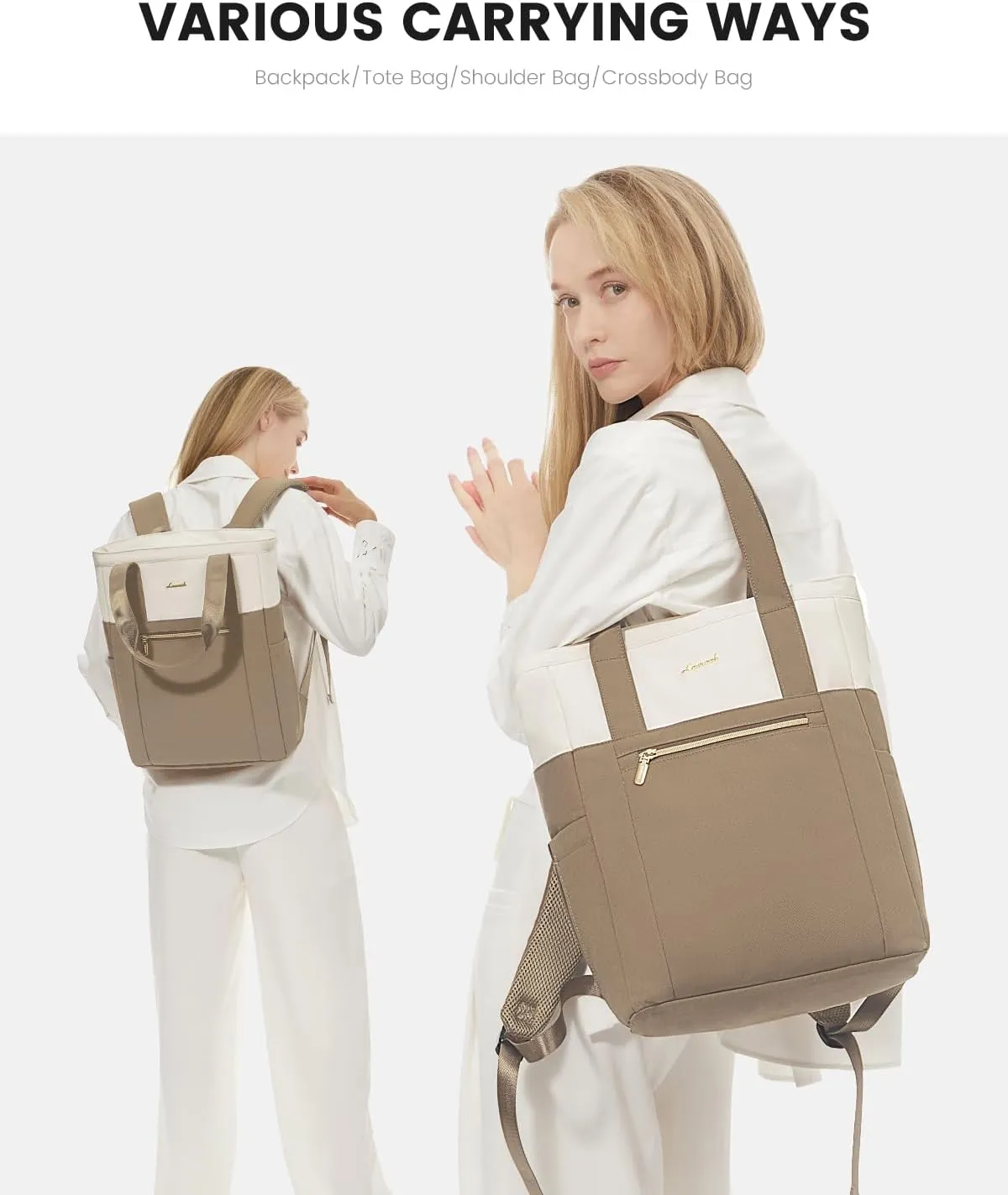 LOVEVOOK Laptop Backpack for Women, 17.3 Laptop Bag for Women Tote Bag Convertible, Lightweight Travel Backpack for College, Wide Open Work Backpack for Nurse Teacher Water-resistant Khaki