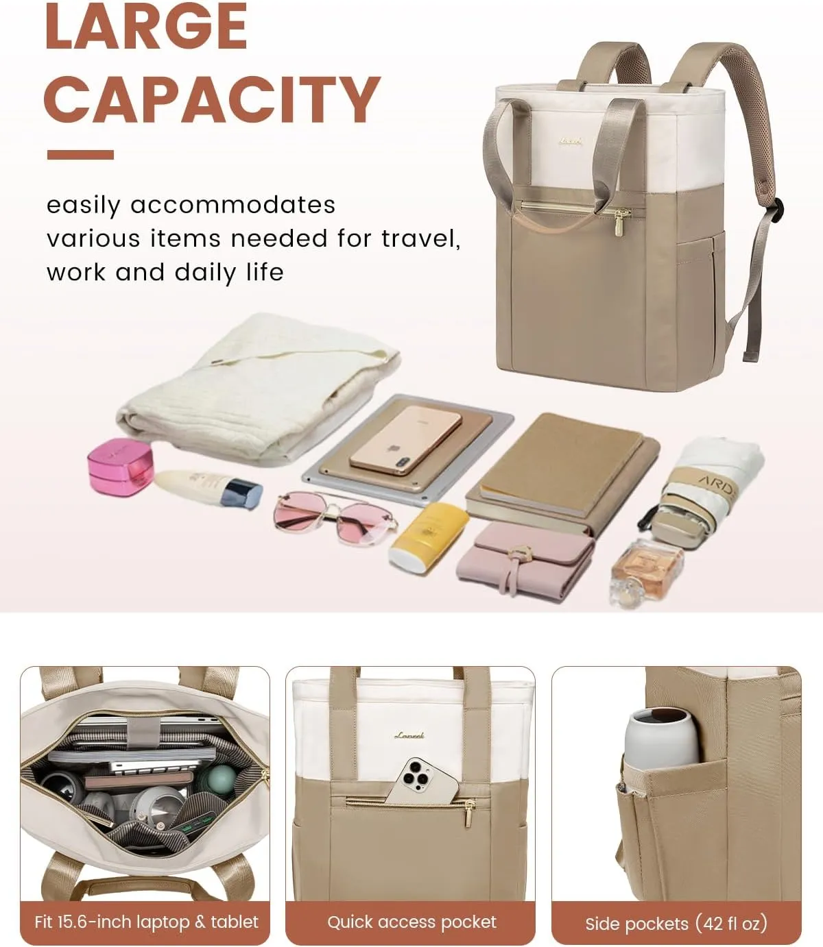 LOVEVOOK Laptop Backpack for Women, 17.3 Laptop Bag for Women Tote Bag Convertible, Lightweight Travel Backpack for College, Wide Open Work Backpack for Nurse Teacher Water-resistant Khaki