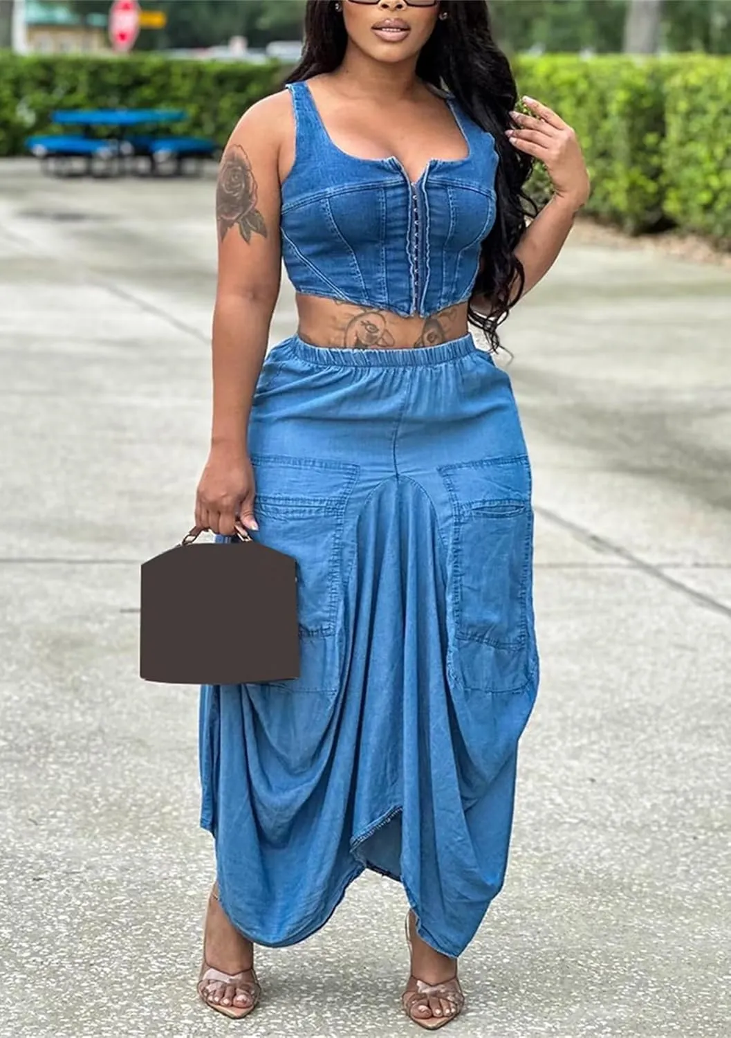 LROSEY Women's Casual Elastic Waist Long Boho Skirts Fall Y2k Asymmetrical Hem Hippie Cargo Maxi Skirt with Pockets