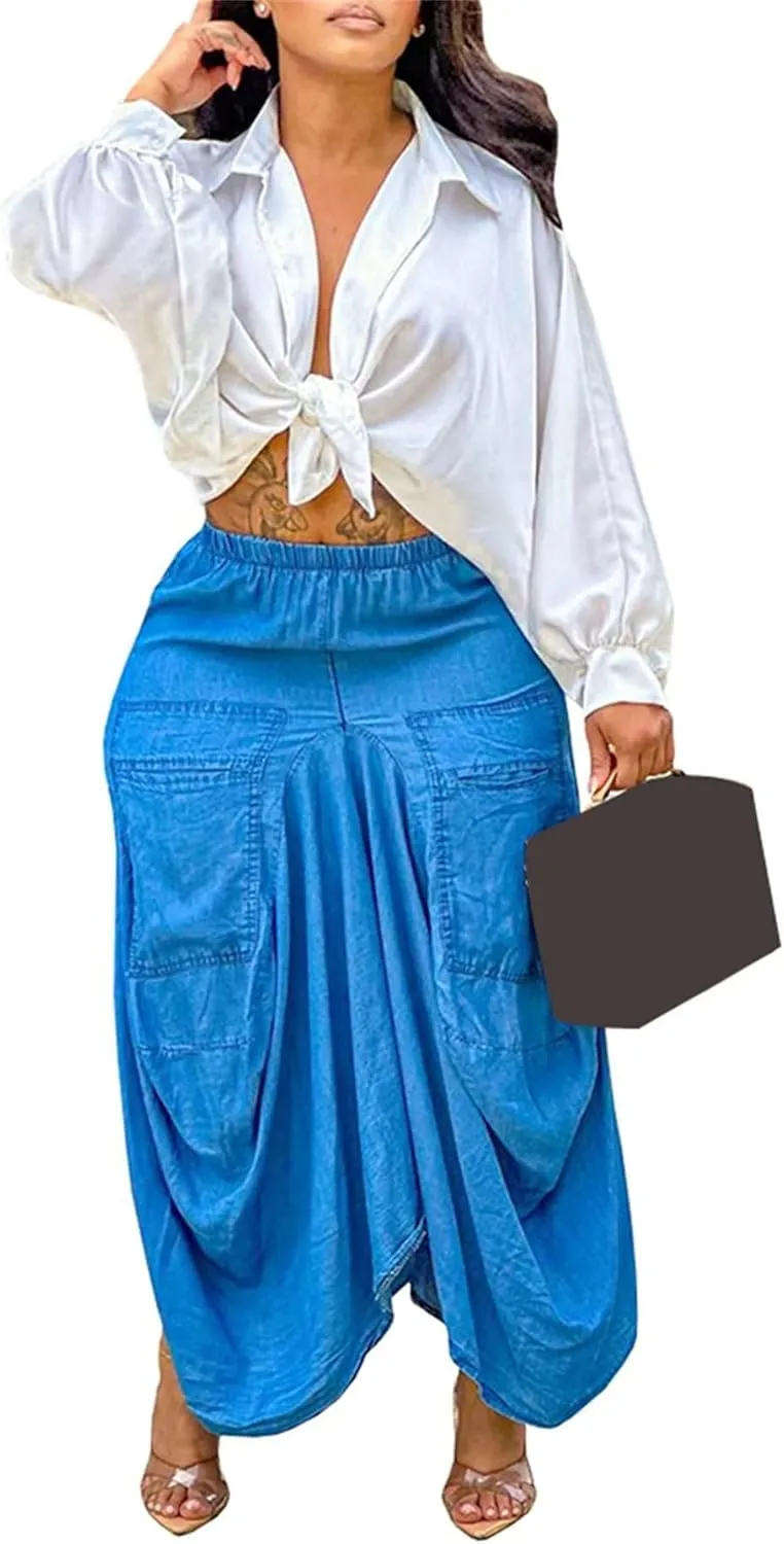LROSEY Women's Casual Elastic Waist Long Boho Skirts Fall Y2k Asymmetrical Hem Hippie Cargo Maxi Skirt with Pockets