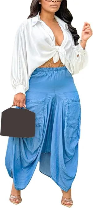 LROSEY Women's Casual Elastic Waist Long Boho Skirts Fall Y2k Asymmetrical Hem Hippie Cargo Maxi Skirt with Pockets