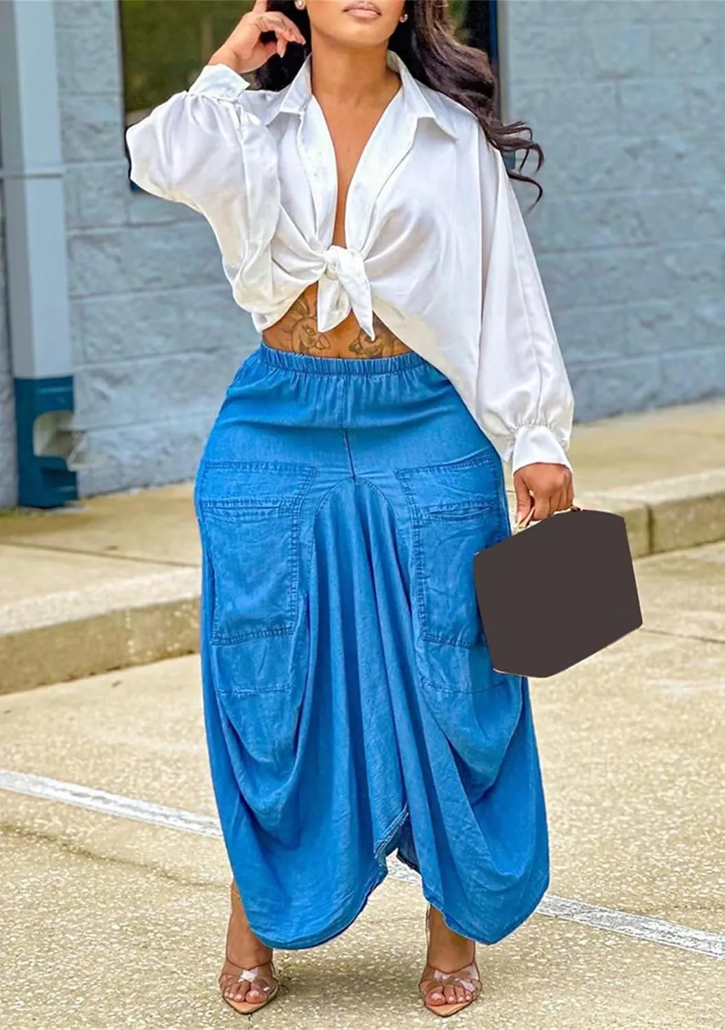 LROSEY Women's Casual Elastic Waist Long Boho Skirts Fall Y2k Asymmetrical Hem Hippie Cargo Maxi Skirt with Pockets