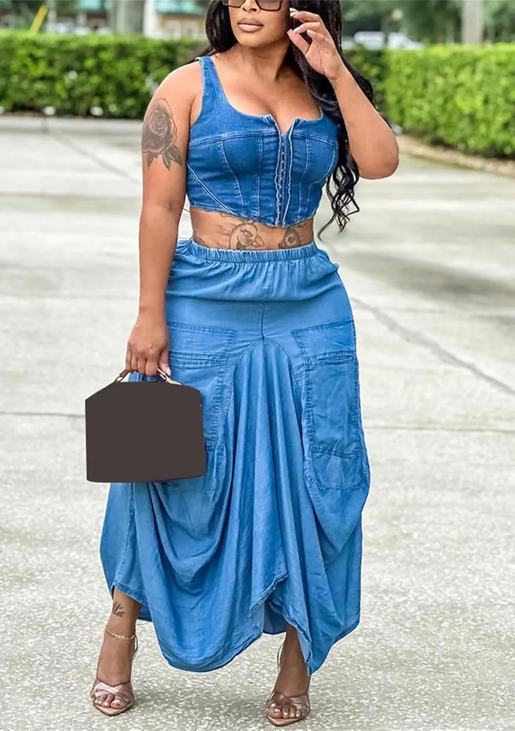 LROSEY Women's Casual Elastic Waist Long Boho Skirts Fall Y2k Asymmetrical Hem Hippie Cargo Maxi Skirt with Pockets
