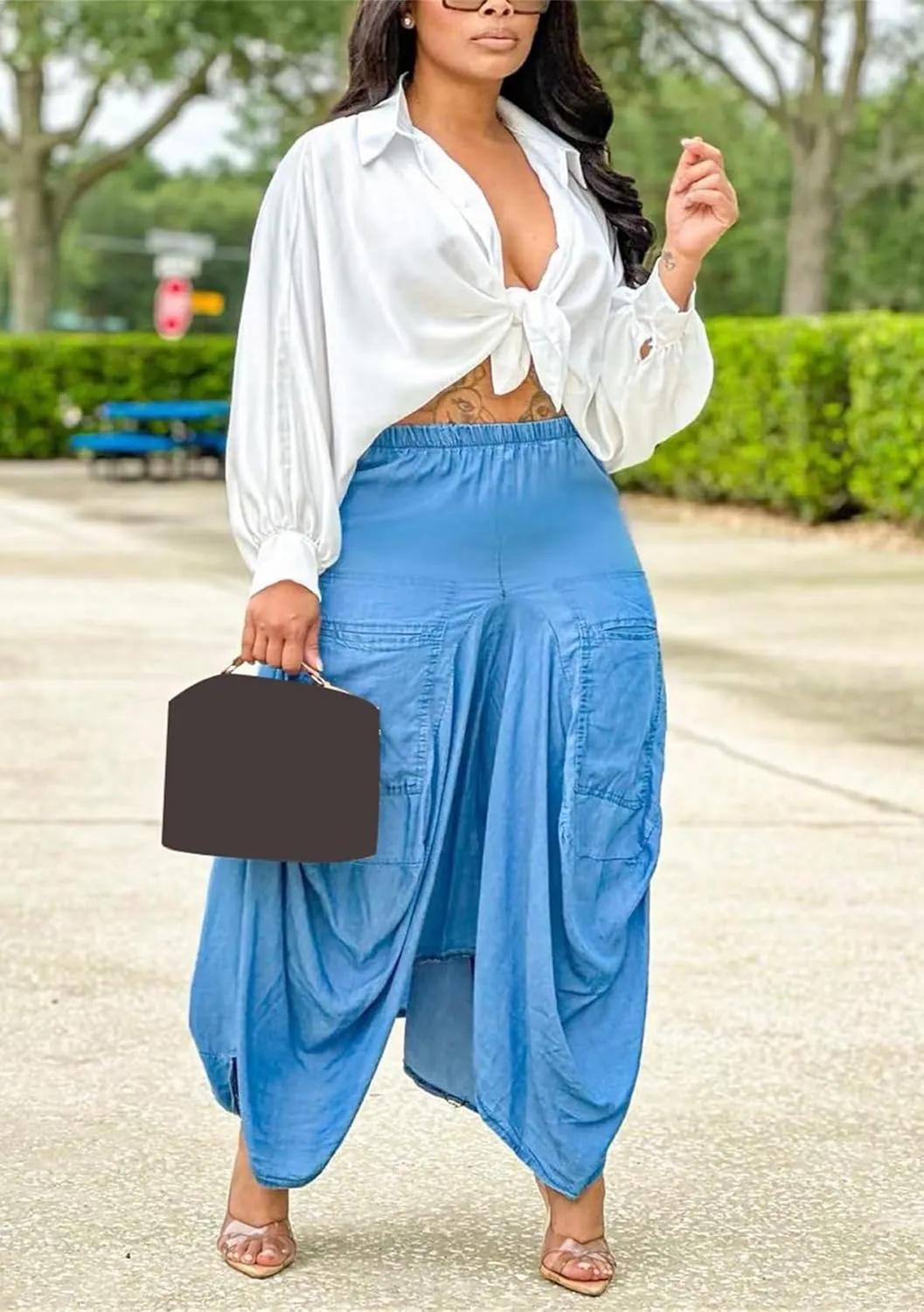 LROSEY Women's Casual Elastic Waist Long Boho Skirts Fall Y2k Asymmetrical Hem Hippie Cargo Maxi Skirt with Pockets