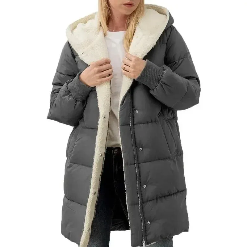 LVSANW Cotton-padded Long-sleeved Jackets Double-sided Velvet Fleece Parkas Women Winter Coats Hooded Slim-fit Cardigan Jacket Coats