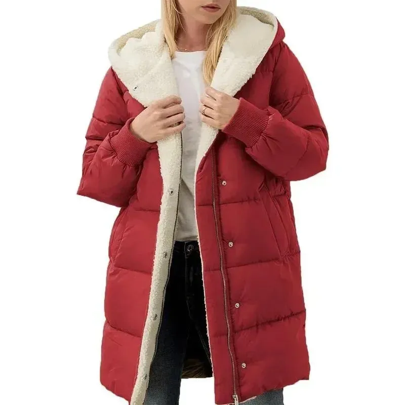LVSANW Cotton-padded Long-sleeved Jackets Double-sided Velvet Fleece Parkas Women Winter Coats Hooded Slim-fit Cardigan Jacket Coats