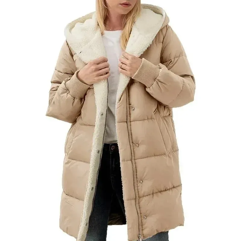 LVSANW Cotton-padded Long-sleeved Jackets Double-sided Velvet Fleece Parkas Women Winter Coats Hooded Slim-fit Cardigan Jacket Coats
