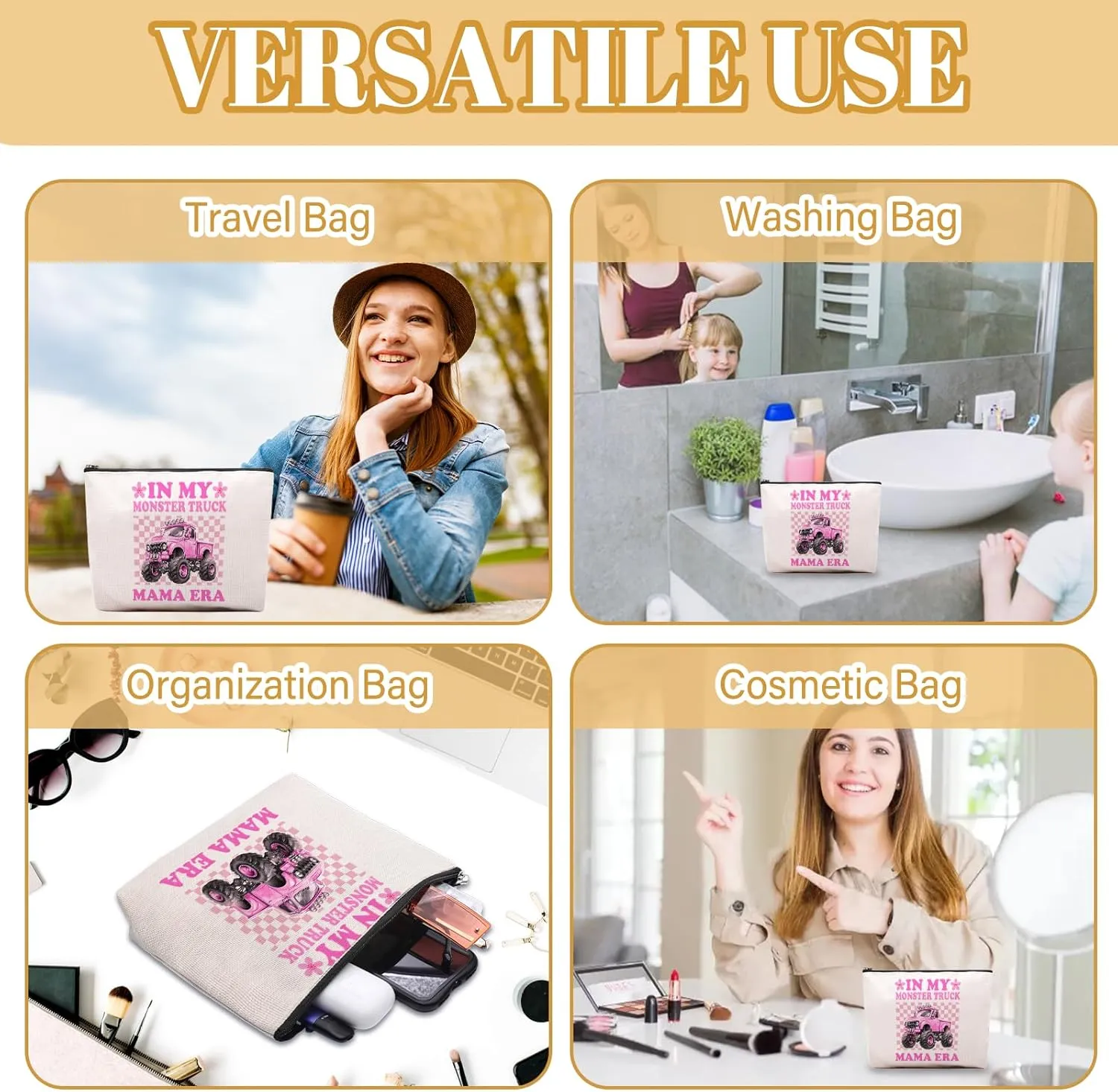 Mama Era Makeup Bag, Pink Gifts For Women, Cute Truck Cosmetic Bag, Travel Toiletry Pouch With Zipper, Birthday Anniversary Christmas Gifts For Mom Sister, Pink Travel Toiletry Bag