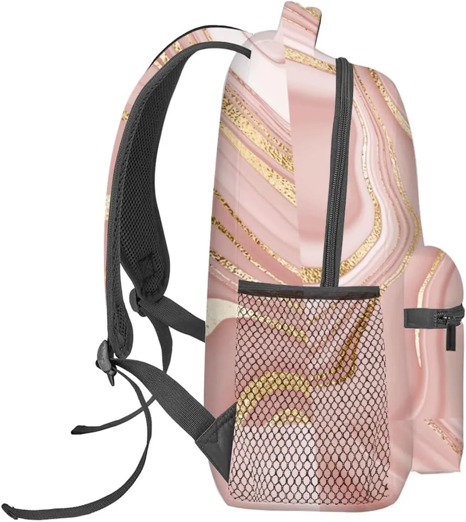 Marble Gold Backpack for Adults Kids, 16.2 * 5.9 in Laptop Bag, Waterproof Polyester Travel Work School Gym Backpacks, Teacher Nurse Doctor Casual Bookbag Office Business Gift Idea Decor