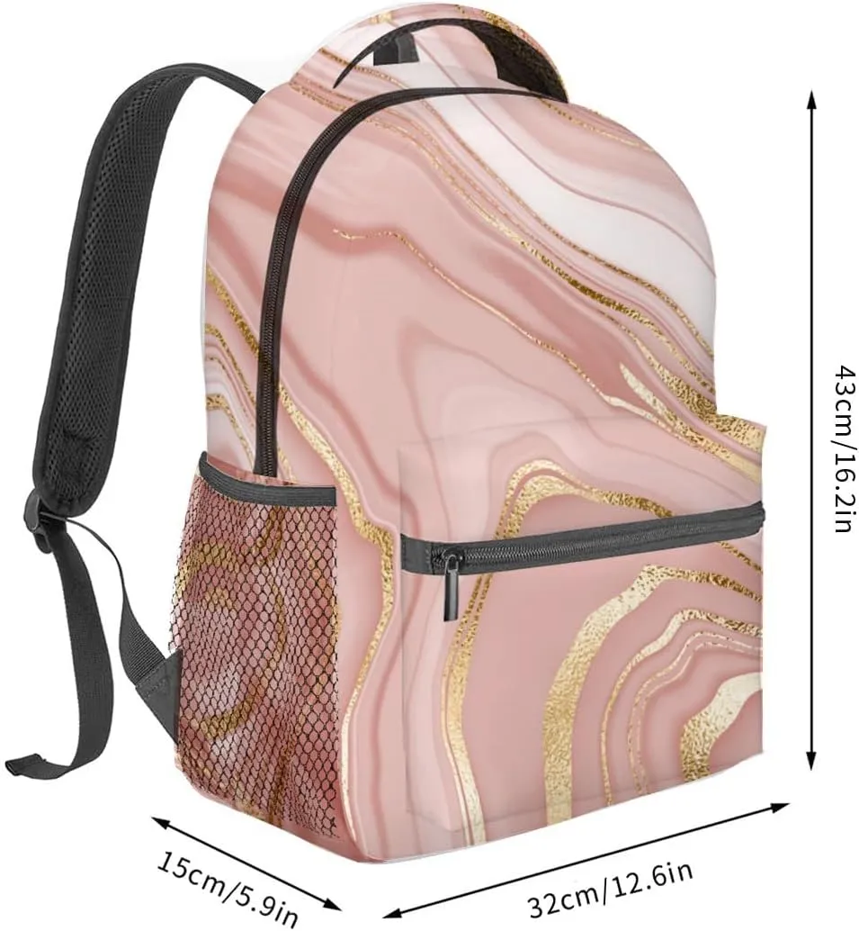 Marble Gold Backpack for Adults Kids, 16.2 * 5.9 in Laptop Bag, Waterproof Polyester Travel Work School Gym Backpacks, Teacher Nurse Doctor Casual Bookbag Office Business Gift Idea Decor