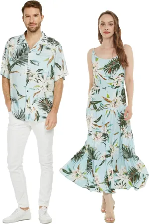 Matchable Couple Hawaiian Luau Shirt or Maxi Tiered Dress in Wispy Cereus Light Blue