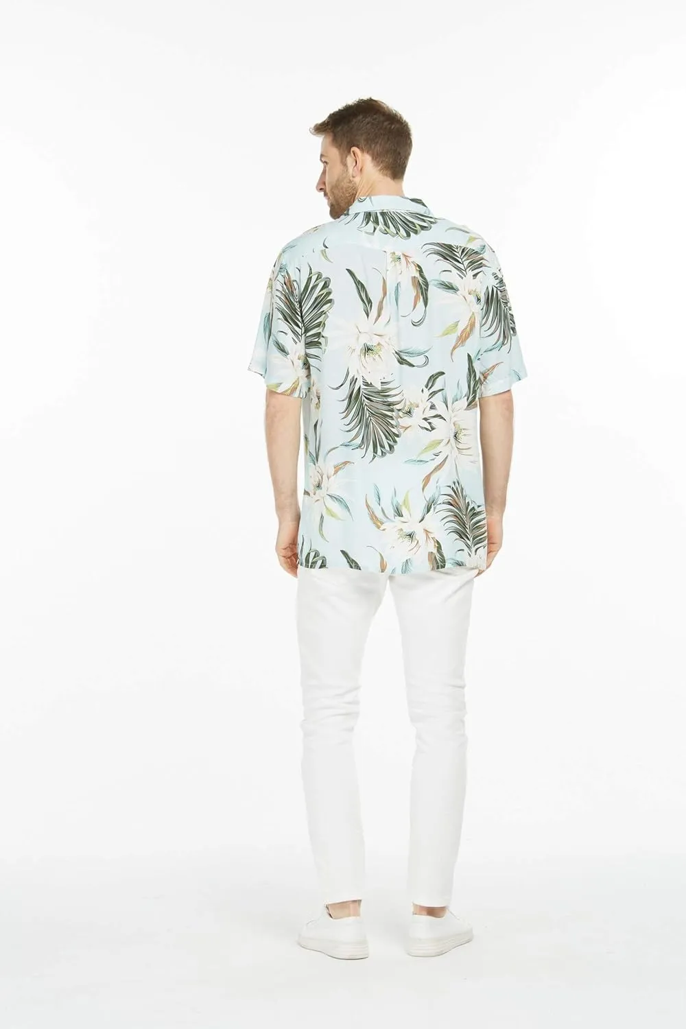 Matchable Couple Hawaiian Luau Shirt or Maxi Tiered Dress in Wispy Cereus Light Blue