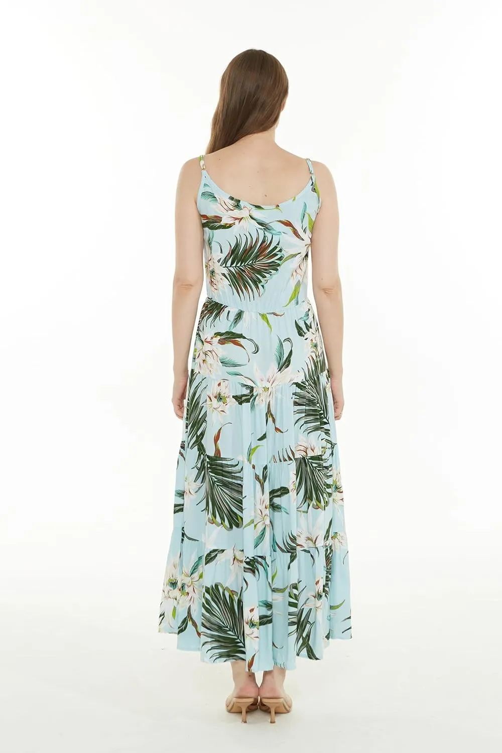 Matchable Couple Hawaiian Luau Shirt or Maxi Tiered Dress in Wispy Cereus Light Blue