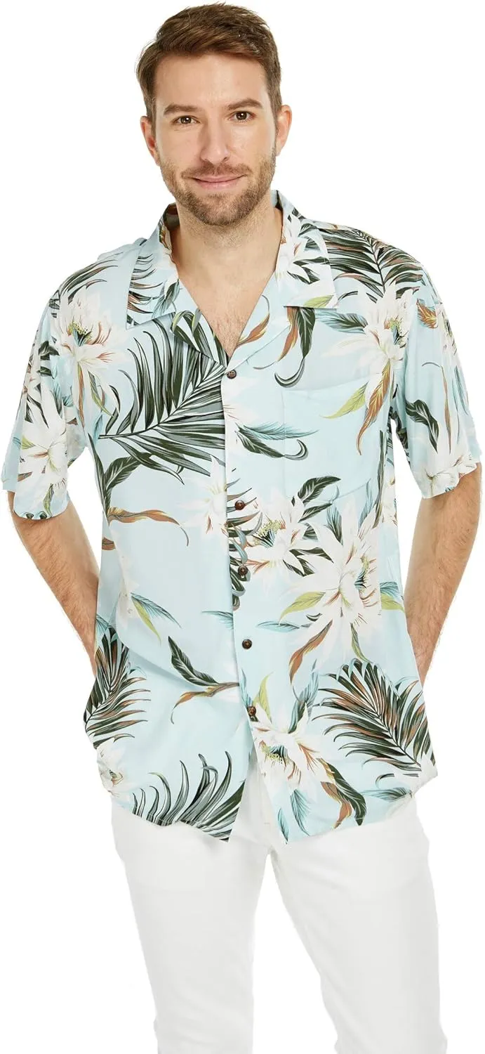Matchable Couple Hawaiian Luau Shirt or Maxi Tiered Dress in Wispy Cereus Light Blue
