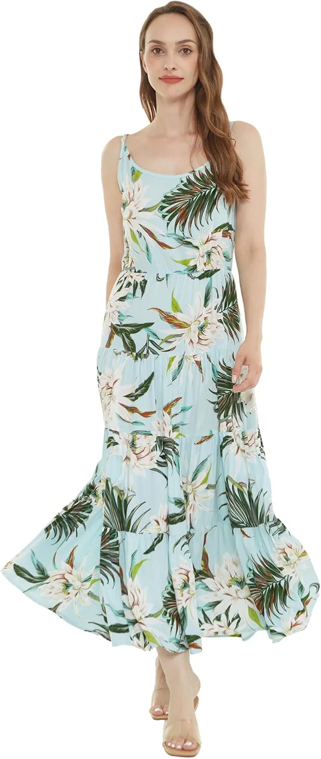 Matchable Couple Hawaiian Luau Shirt or Maxi Tiered Dress in Wispy Cereus Light Blue