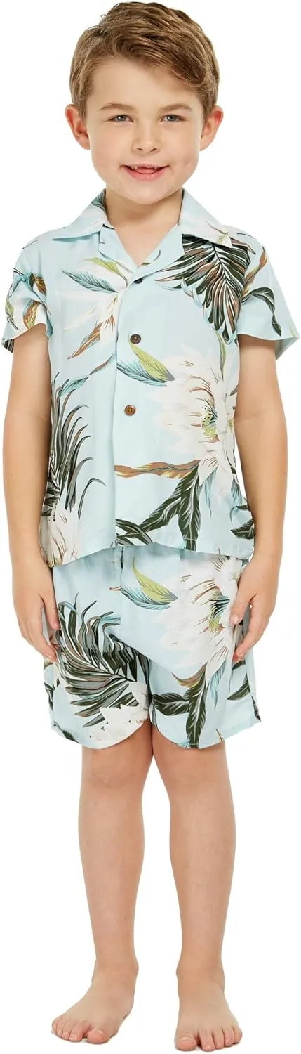 Matchable Family Hawaiian Luau Men Women Girl Boy Clothes in Wispy Cereus Light Blue