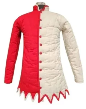 Medieval dual-color gambeson Cotton padded jacket red and white Thick padded aketon coat Dual-color medieval costume (L, RED AND WHITE)