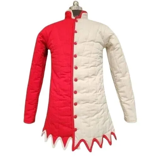 Medieval dual-color gambeson Cotton padded jacket red and white Thick padded aketon coat Dual-color medieval costume (L, RED AND WHITE)