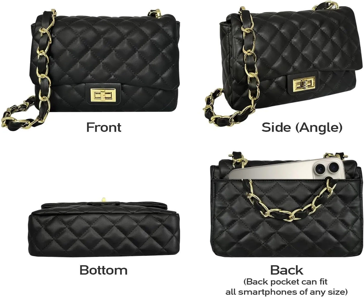 Medium Quilted Leather Crossbody Bag, Designer Soft Shoulder Light Purse, Outer Back Pocket