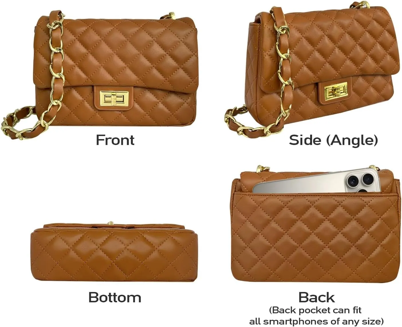 Medium Quilted Leather Crossbody Bag, Designer Soft Shoulder Light Purse, Outer Back Pocket