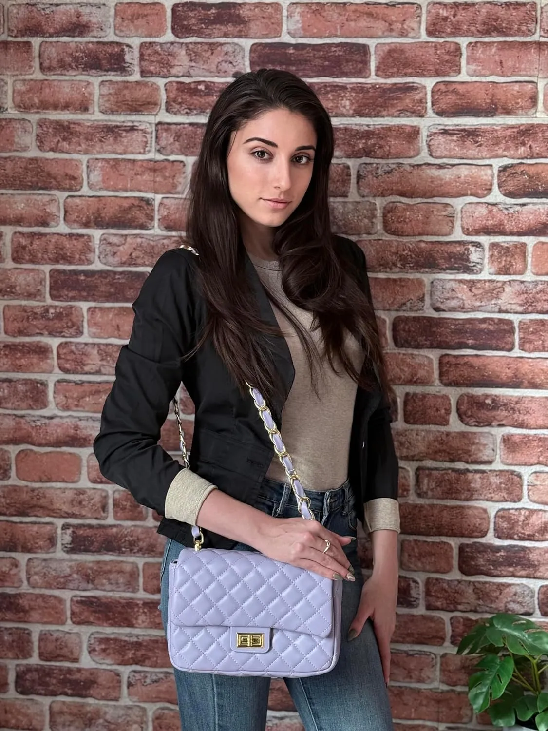 Medium Quilted Leather Crossbody Bag, Designer Soft Shoulder Light Purse, Outer Back Pocket