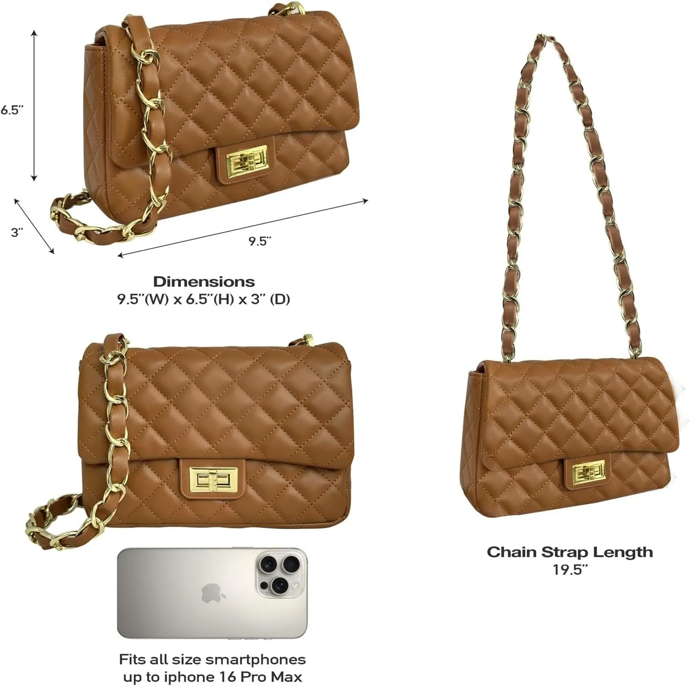 Medium Quilted Leather Crossbody Bag, Designer Soft Shoulder Light Purse, Outer Back Pocket
