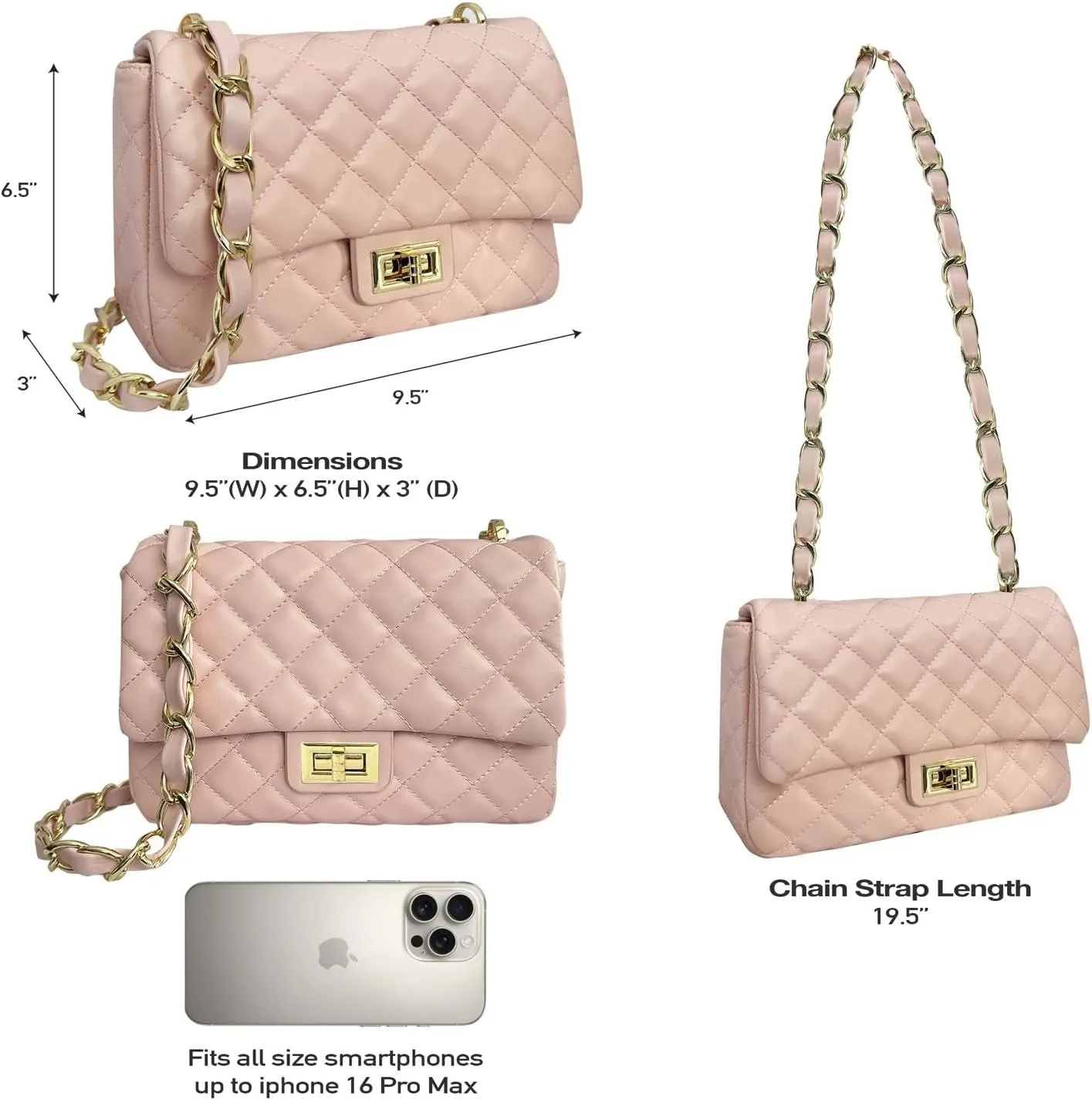 Medium Quilted Leather Crossbody Bag, Designer Soft Shoulder Light Purse, Outer Back Pocket