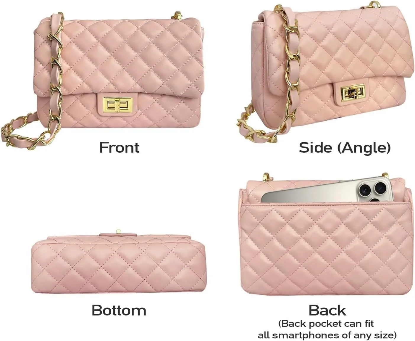 Medium Quilted Leather Crossbody Bag, Designer Soft Shoulder Light Purse, Outer Back Pocket