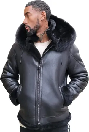 Men's Black Leather Shearling Jacket with Fur Hood (US, Alpha, XX-Large, Regular, Regular, Black)
