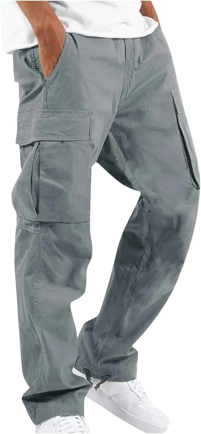 Mens Cargo Sweatpants Drawstring Waist Loose Fit Work Cargo Pants Casual Lightweight Straight Leg Pants with Pockets