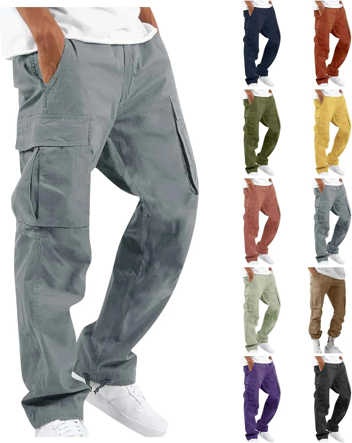 Mens Cargo Sweatpants Drawstring Waist Loose Fit Work Cargo Pants Casual Lightweight Straight Leg Pants with Pockets