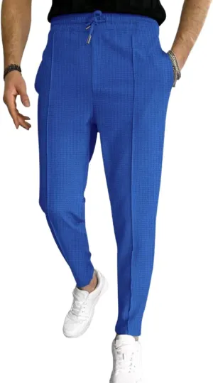 Men's Casual Waffle Pleated Pants Flat Front Athletic Running Workout Gym Sweatpants Drawstring Elastic Waist with Pockets