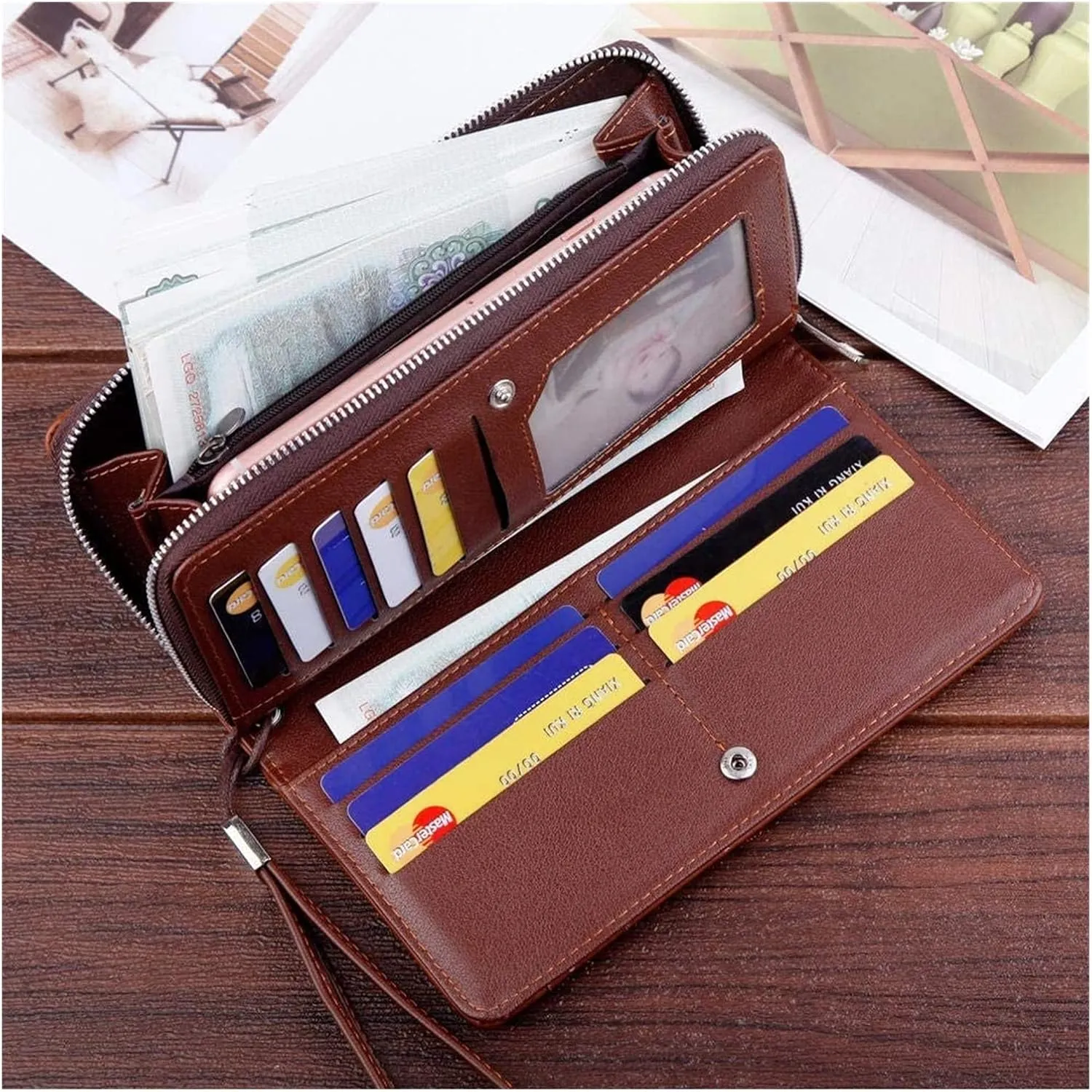 Men's Clutch Long Zipper Wallet Large-capacity Wallet Mobile Phone Bag(Light brown)