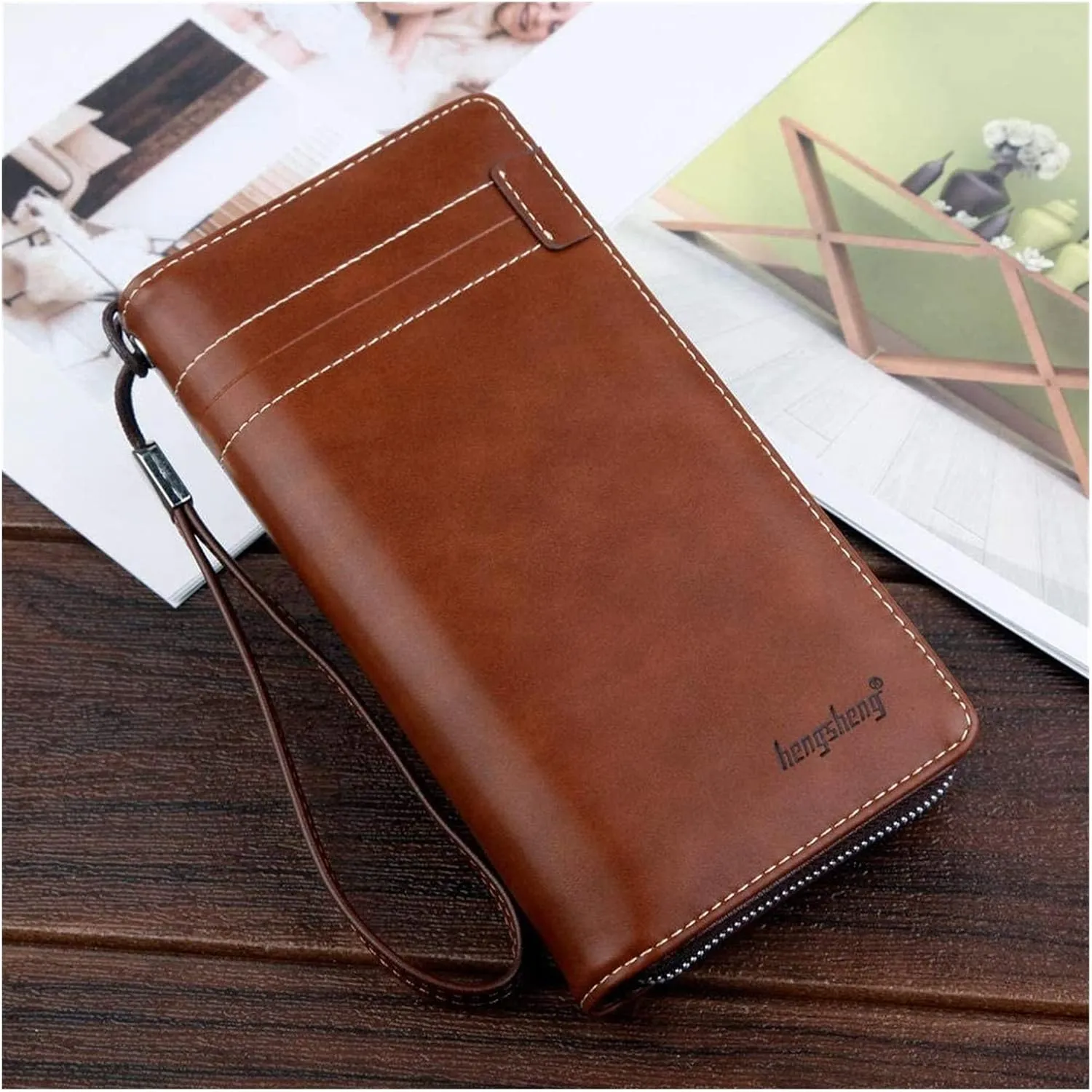 Men's Clutch Long Zipper Wallet Large-capacity Wallet Mobile Phone Bag(Light brown)